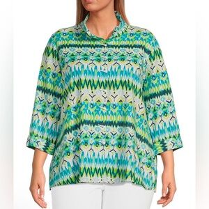 NWT Ali Miles Plus Sz 3X Printed Woven Button Front Shirt Cuffed Three Q…